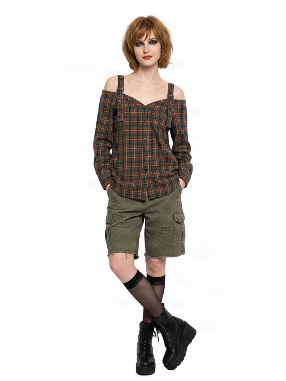 Elevator Disco Plaid Cold Shoulder Button Front Top Medium Green Grunge Fall